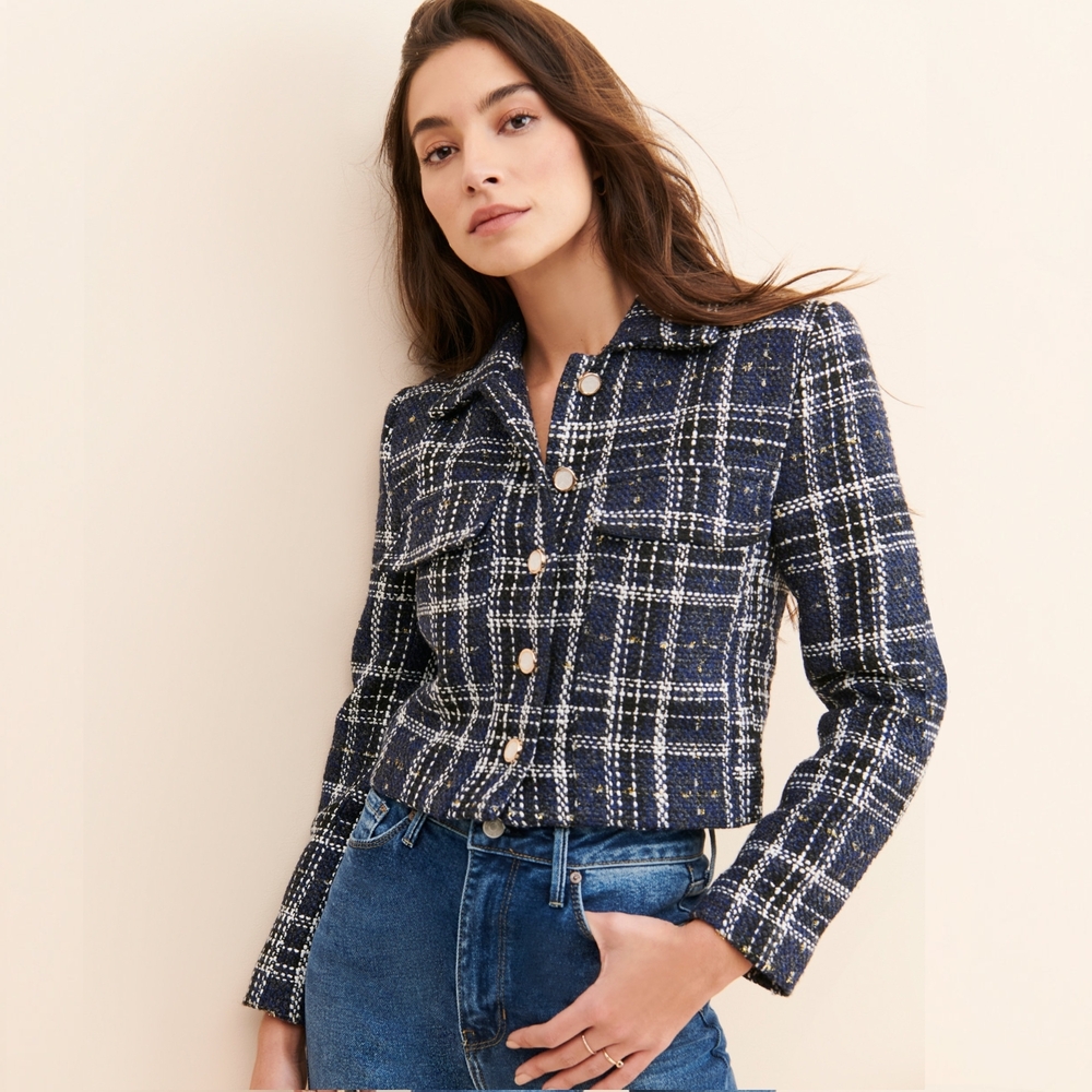 English Factory Navy And White Preppy Plaid Tweed Blazer | Size XS